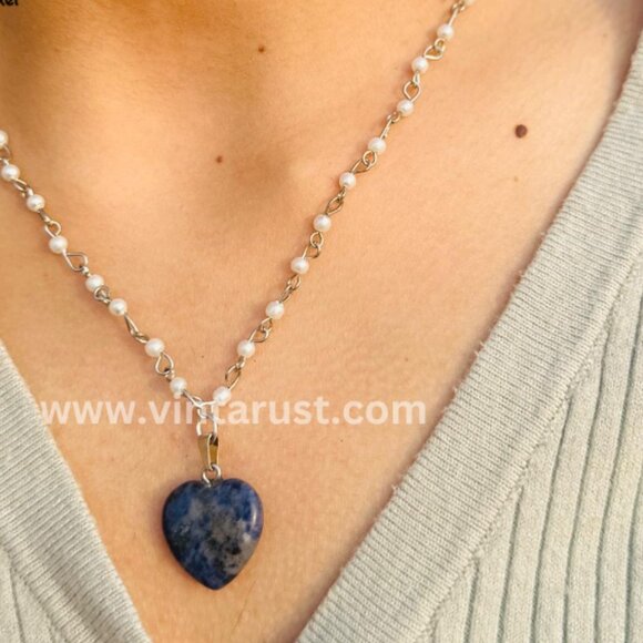 Beaded Chain Necklace With Blue Rhodonite Stone Heart Shape Pendant, Handmade - Picture 4 of 14